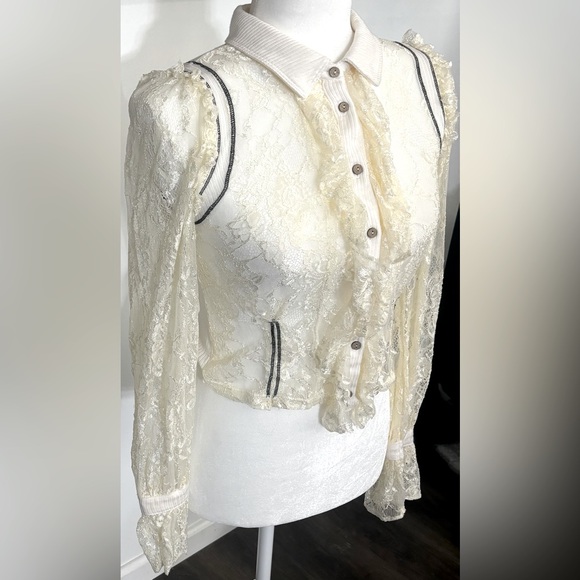 Free People soft stretchy Ivory lace & black button crop top collared blouse XS - Picture 5 of 14
